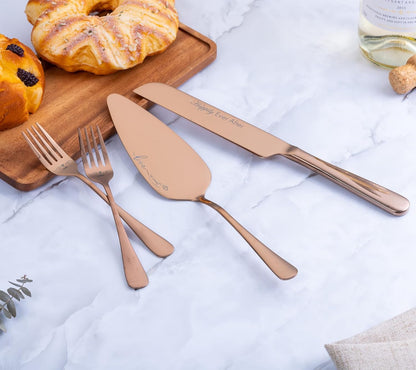 Wedding Cake Knife and Server Set with Forks, Engraved Cake Cutting Set for Wedding Anniversary Christmas Engagement（Gold