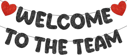 Fulmoon Pre Strung Welcome to The Team Banner with Two Heart Signs, NO DIY, Glitter Welcome Party Supplies for New Employee, Coworker, Colleague, Staff, Team Member Office Decorations(Champagne Gold)