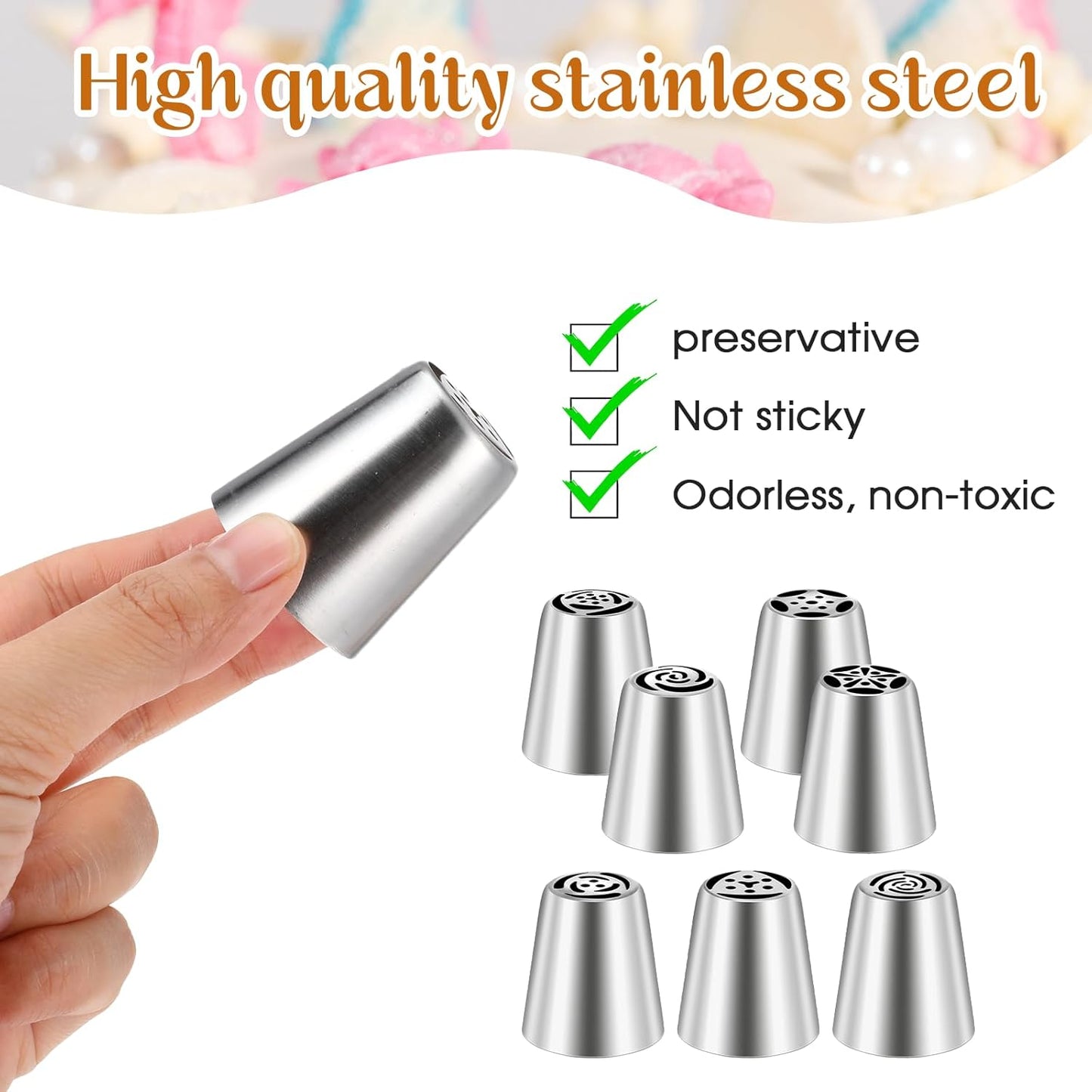 Dimeho 7 Pcs Round Hole Piping Tips Set Stainless Steel Cupcake Frosting Nozzles Cake Decorating Tool Russian Pastry Icing Dispensers Supplies for Baking Cookies Puff Doughnut Cream Bag Filler