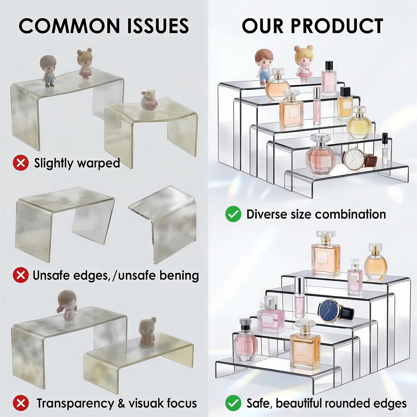Fixwal 10pcs 2 Set Acrylic Risers for Display Clear Perfume Organizer Stands Acrylic Display Risers for Show Figures, Cupcake, Jewelry, Toys, Perfume and More (Large Size)