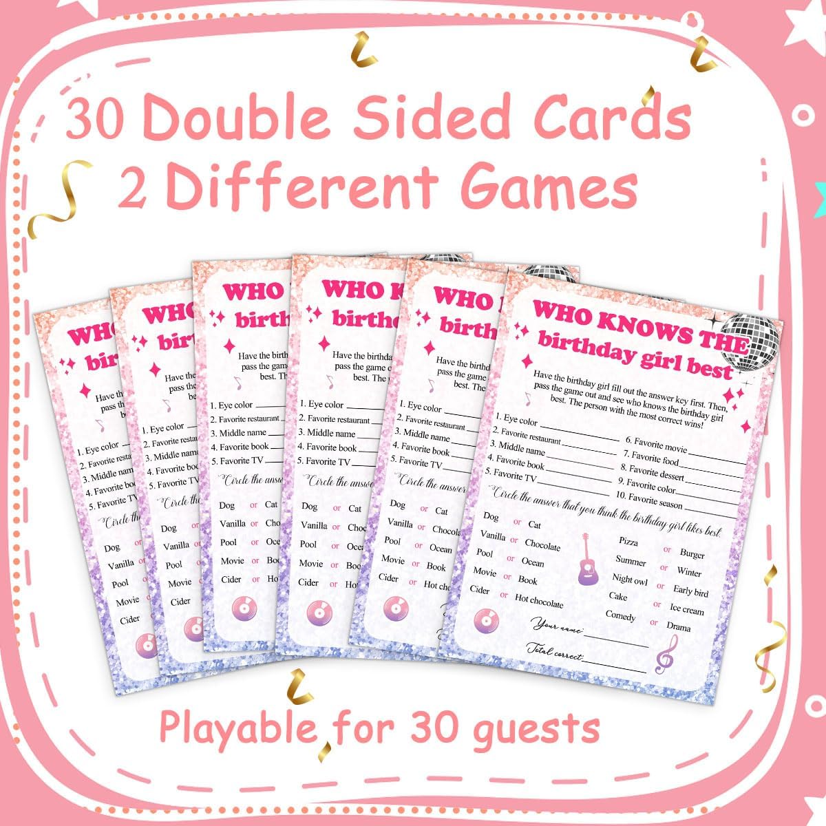 Birthday Party Cards for Girl, Birthday Games Card, Would She Rather Game Cards Set, Birthday Supplies Activity Decorations for Adult Girl, Set of 30 Game Cads