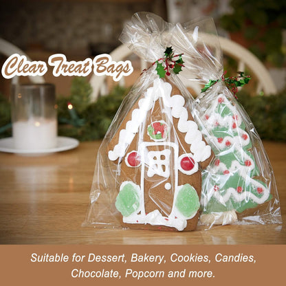 Cello Cellophane Treat Bags,5x7 Inches Clear Cellophane Bags 200 Pcs OPP Plastic Treat Bags with 200 Twist Ties for Gift Wrapping,Packaging Candies,Dessert,Bakery, Cookies, Chocolate,Party Favor