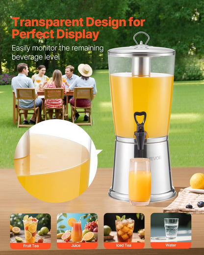 VEVOR Beverage Dispenser, 2.1 Gallon x 2 Drink Dispenser for Parties, Stainless Steel + Plastic Juice Dispensers with Spigot Ice Chamber Tray, Iced Tea Lemonade Dispensers, for Restaurants, Hotels