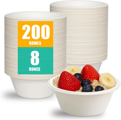JINVOGREEN 200 Count 12 oz Paper Bowls, Disposable Compostable Bowls Bulk, Heavy Duty Biodegradable Bagasse Bowl for Snacks, Soup, and Salads, White