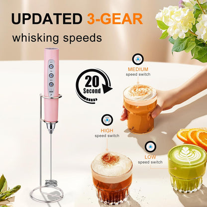 YUSWKO Black Handheld Milk Frother Wand for Coffee, Rechargeable Electric Whisk with 3 Heads 3 Speeds Drink Mixer Coffee Frother For Latte, Cappuccino, Hot Chocolate, Egg