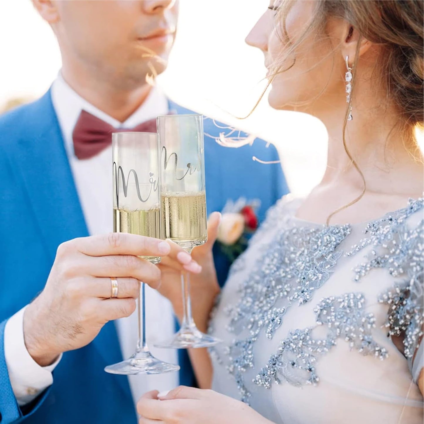 Wedding Cake Knife and Server Set, Mr and Mrs Champagne Flutes With Sliver Cake Cutting Set For Wedding Bridal Shower Gifts