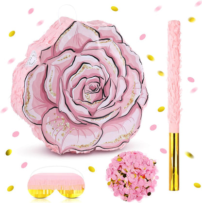 Pink Flower Piñata Set with Blindfold Bat and Confetti Floral Piñata Girls Party Game for Graduation Birthday Baby Shower Gender Reveal Wedding Party (13.78 x 12.99 Inches)