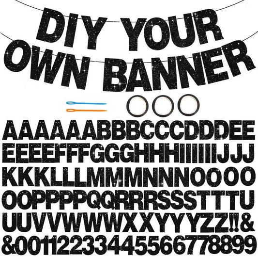 BEISHIDA 116 PCS A-Z DIY Letter Banner Kit Make Your Own Banner Including 111 Letters and Numbers 3 Rope and 2 Threading Device,Customized for Birthday Graduation Wedding Decor Black