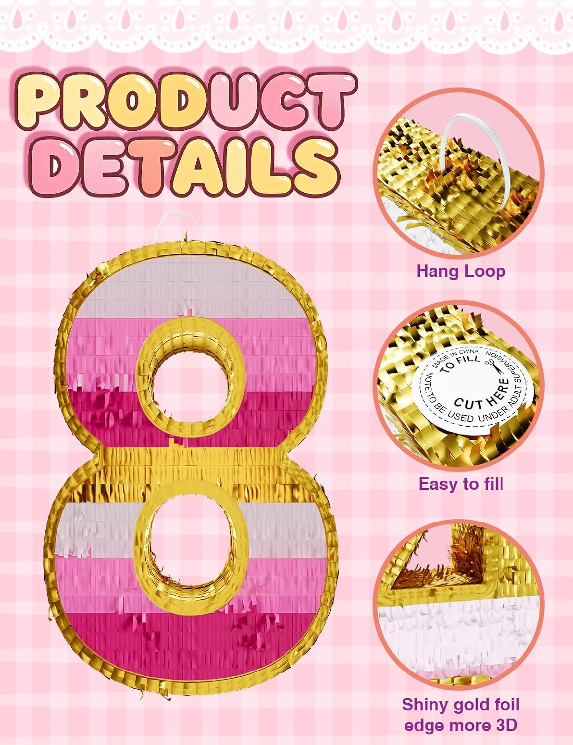 Number 5 Piñata with Stick, Blindfold & Confetti-Pink Piñata for Birthday Parties, Complete Party Game Set for Kids Girls-Gradient Pink Birthday Decor with Fillable Design(Small, 16.5 x 11.5 x 3 In)