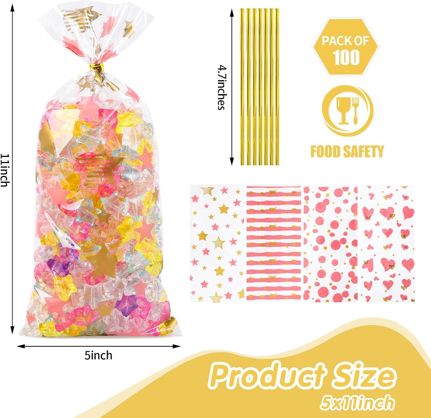 100 Pcs Star Printed 5"X 7" Gift Wrap Cello Cellophane Treat Bags Party Favor bags Clear Candy Cookie Bag Plastic Poly Goodie Storage Bag with Twist Ties for Bakery,Birthday, Wedding ,Party Decorations (Gold)