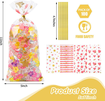 100 Pcs Star Printed 5"X 7" Gift Wrap Cello Cellophane Treat Bags Party Favor bags Clear Candy Cookie Bag Plastic Poly Goodie Storage Bag with Twist Ties for Bakery,Birthday, Wedding ,Party Decorations (Gold)