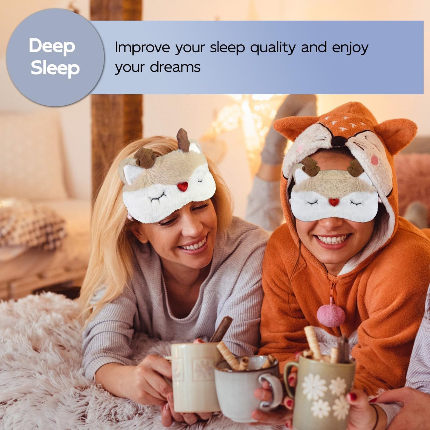 Christmas Reindeer Sleep Mask Cute Antler Eye Masks Sleeping Soft Plush Cartoon Blindfold Funny Animal Eye Cover Xmas Presents for Women Men (Xmas Reindeer,Brown)