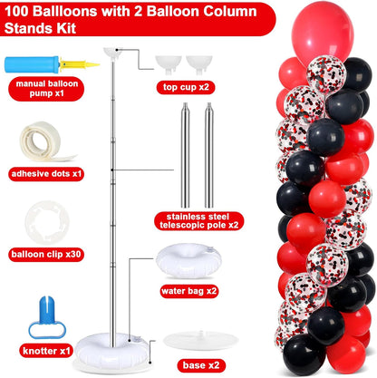 2 Set Black and Gold Balloons Column Stand Kit with 100 Balloons Adjustable Balloon Stand with Bases for Floor Black Gold Confetti Balloon Column Kit for Bridal Shower Valentine Birthday Party Decor