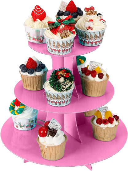 YLDW Cupcake Stand, 3-Tier Cupcake Stand Display, Cardboard Cup Cake Tower Stand, Disposable Dessert Stand for Birthday Tea Party Baby Shower Treat Decorations, Pink