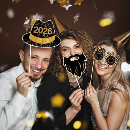 30Pcs New Years Eve Party Supplies 2026 Photo Booth Props Set with Frame 2026 Happy New Year Decorations Selfie Frames NYE Decoration for Parties Selfie Props Photography Decorations