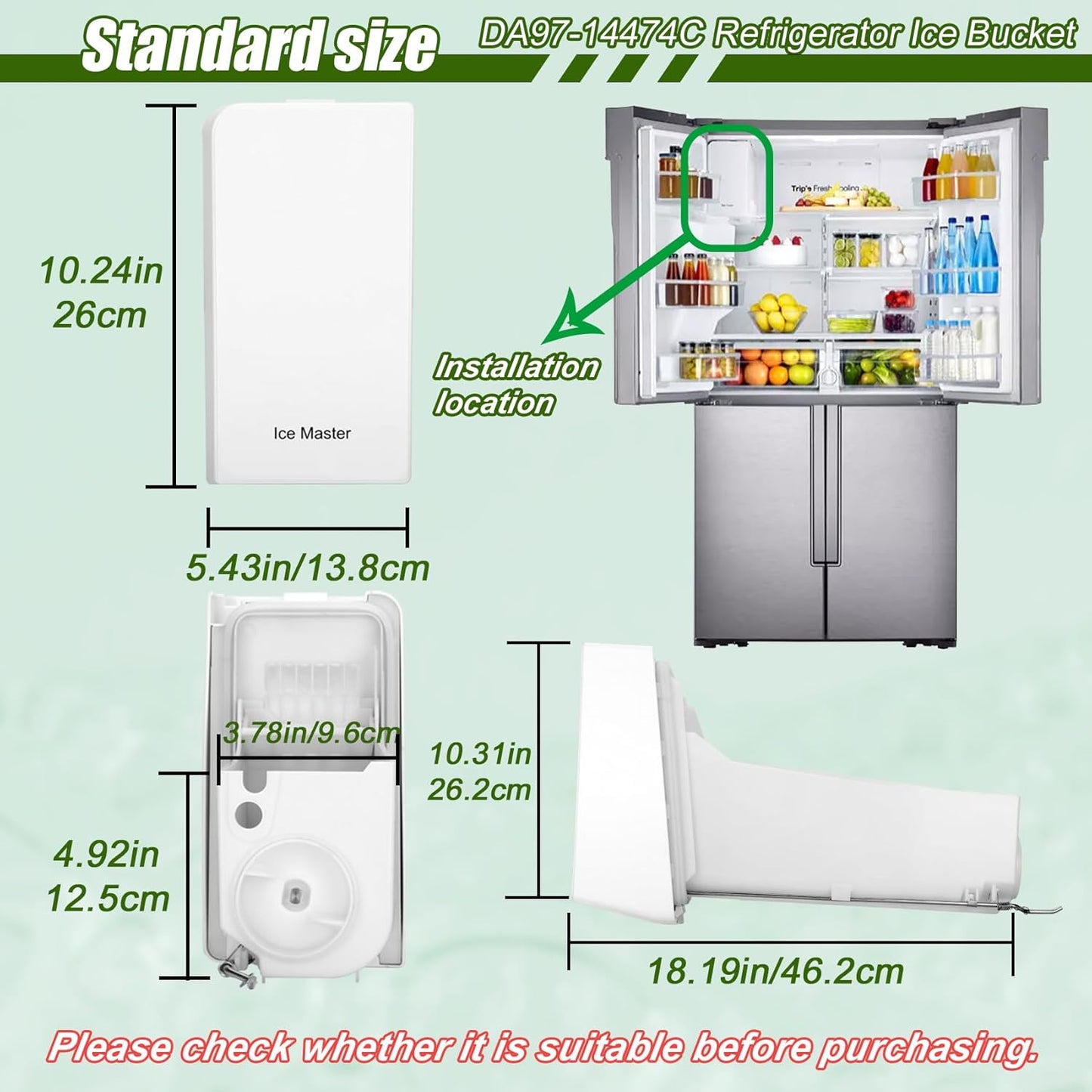 DA97-14474C, DA97-14474A Ice Container, DA97-12604D Ice Bucket Compatible with Samsung RF25, RF263, RF265, RF28, etc Series Refrigerators. Part Number: DA97-21040A, AP6034185, etc-1 yr Warranty