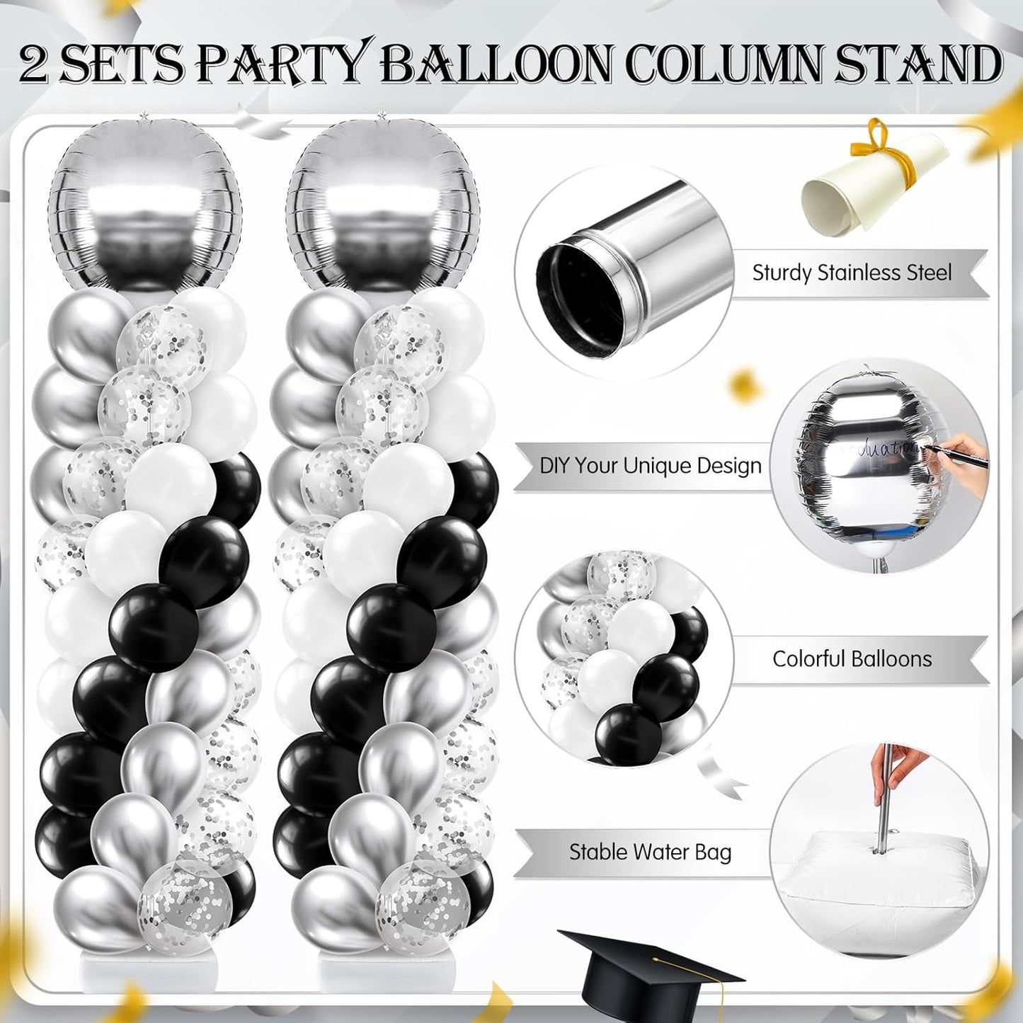 2 Sets Blue and Black White Graduation Balloon Column Stand Kit for Class of 2026, Adjustable Floor Balloon Arch Tower with Foil & Latex Balloons, DIY Decor for Grad Ceremony Backdrop