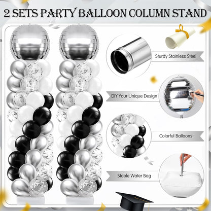 2 Sets Blue and Black White Graduation Balloon Column Stand Kit for Class of 2026, Adjustable Floor Balloon Arch Tower with Foil & Latex Balloons, DIY Decor for Grad Ceremony Backdrop