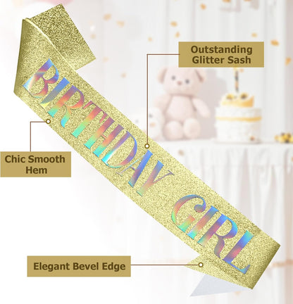RUDONG M Birthday Girl Sash Glitter - Silver Birthday Sash for Women & Girls | Sweet 16/18th/21st/30th/40th/50th/60th/70th, All-Age Celebration Party Decor