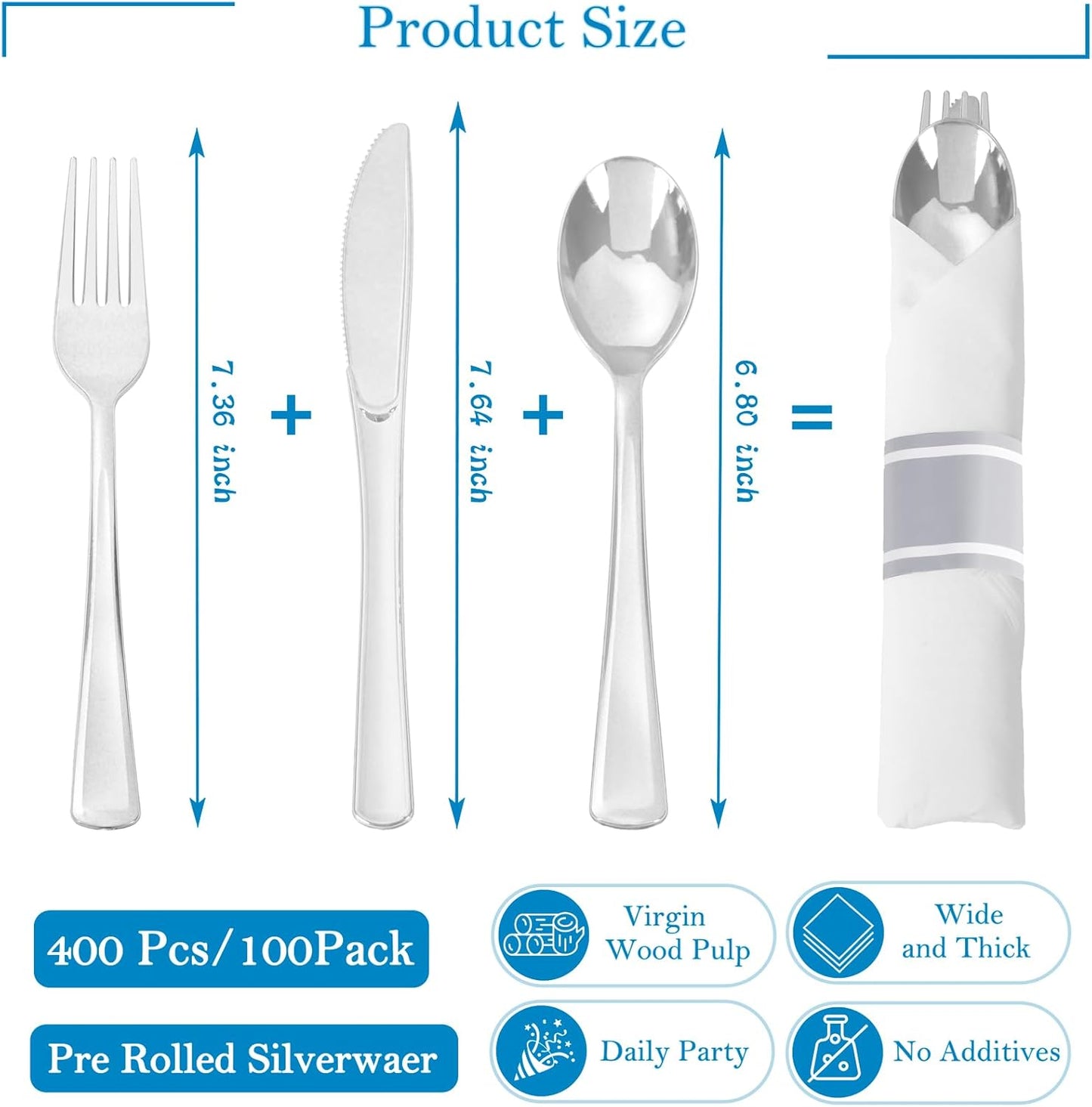 Supernal 240 Silver Plastic Silverware Set - 60 Sets Pre Rolled Napkins with Cutlery - Mirror Polished Real Look Disposable Silver Utensils- Elegant Heavy Duty Flatware for Weddings & Catering