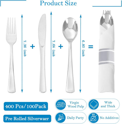 Supernal 240 Silver Plastic Silverware Set - 60 Sets Pre Rolled Napkins with Cutlery - Mirror Polished Real Look Disposable Silver Utensils- Elegant Heavy Duty Flatware for Weddings & Catering