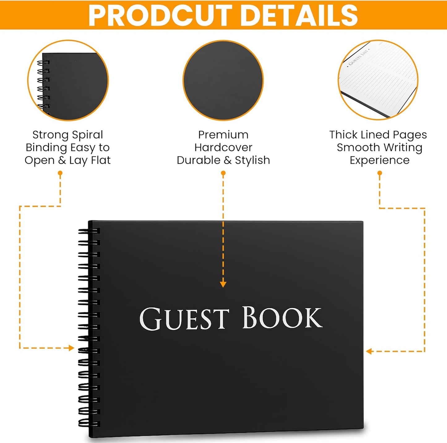 Iconikal Hardcover Guestbook 1,260 Entries Charcoal 10x8-Inch Spiral Bound Sign-In Wedding Funeral Birthday Shower Vacation Rental Memory Guest Book