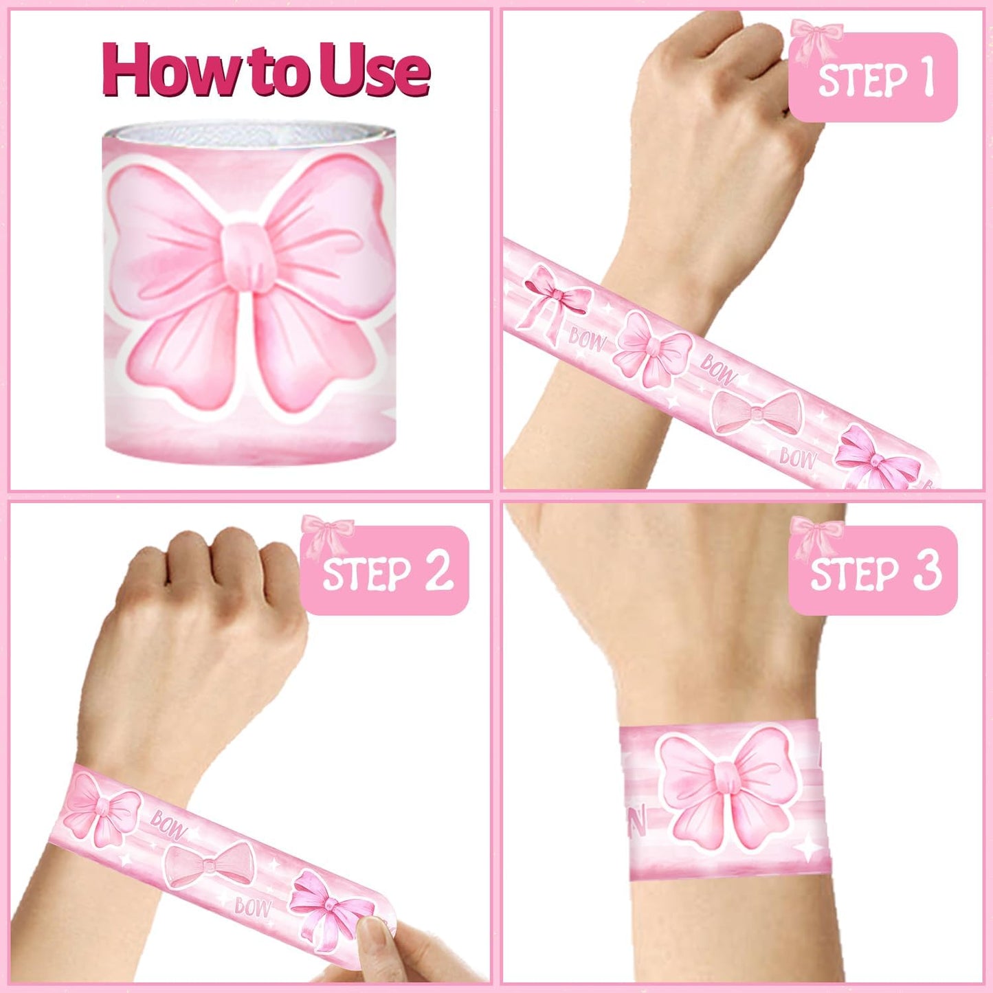 74 PCS Coquette Party Favors - 50 Pink Bow Stickers, 24 Slap Bracelets - Birthday Decorations Supplies for Kids, Girls, Women