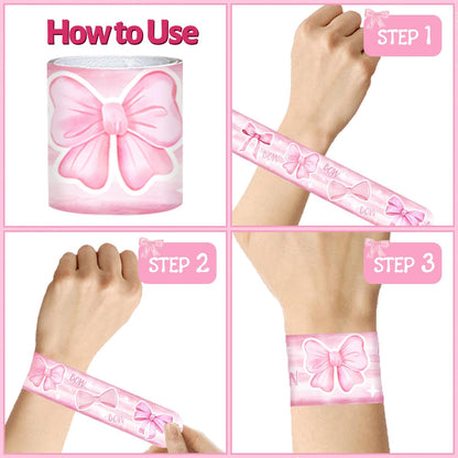 74 PCS Coquette Party Favors - 50 Pink Bow Stickers, 24 Slap Bracelets - Birthday Decorations Supplies for Kids, Girls, Women