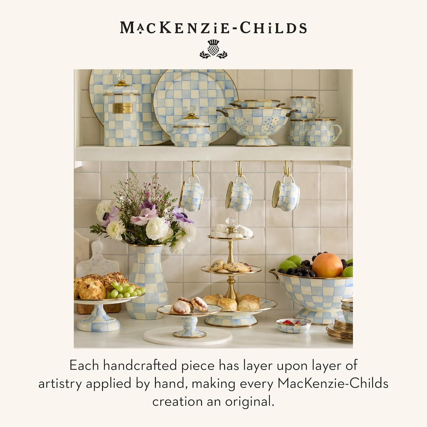 MACKENZIE-CHILDS Enamel Pedestal Platter, Round Cake Stand, Large, Black-and-White Courtly Check