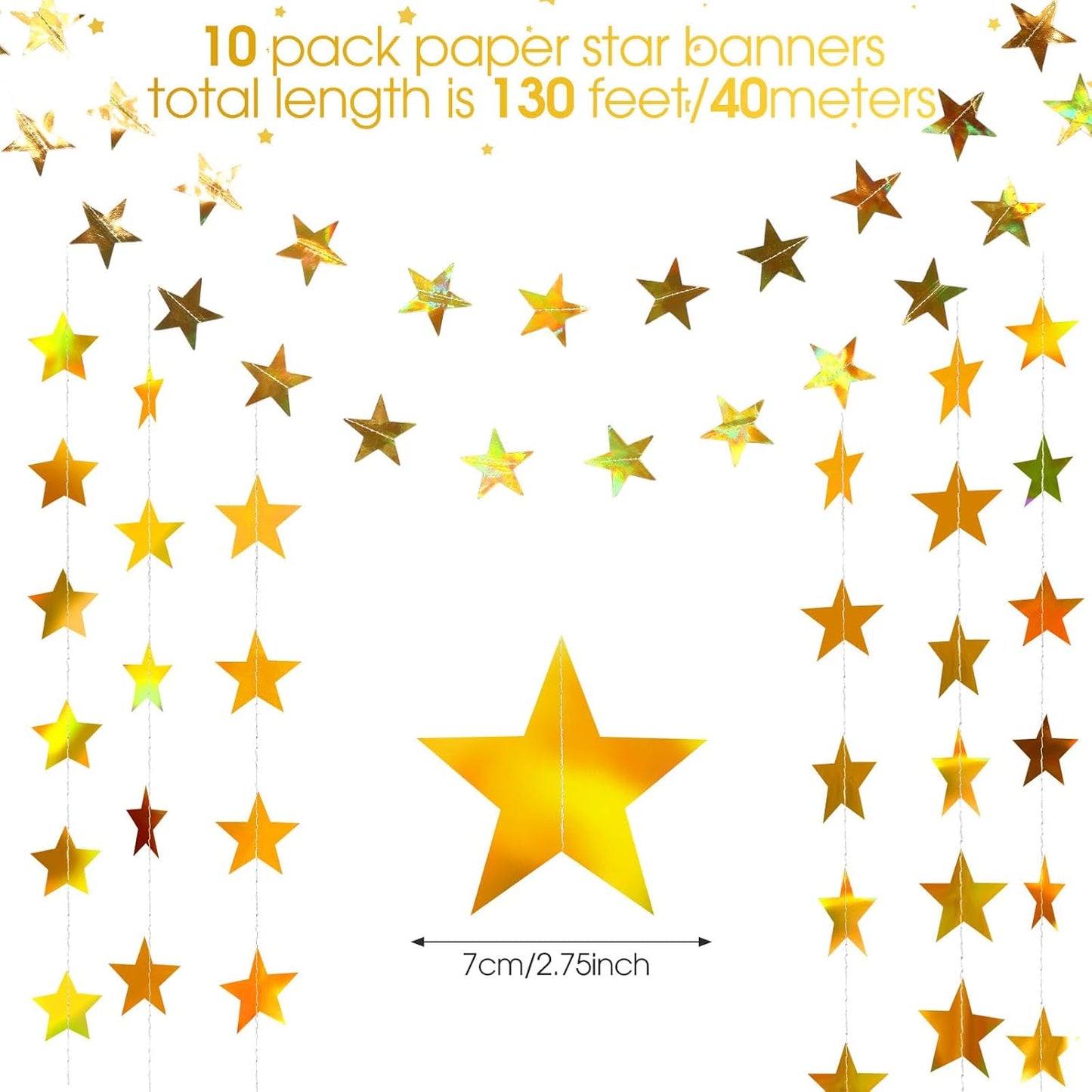 Patelai Glitter Star Garland Banner 2026 Graduation Decor 130 Feet Star Hanging Banner Twinkle Backdrop for Party Birthday Classroom Wedding Supplies(Gold)