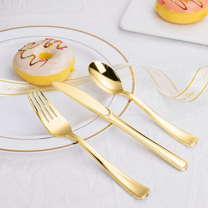 N9R 300PCS Gold Plastic Silverware, Heavy Duty Gold Plastic Cutlery Set Disposable Flatware Dinnerware, 100 Forks, 100 Spoons, 100 Knives, Perfect for Party, Wedding and Daily Use