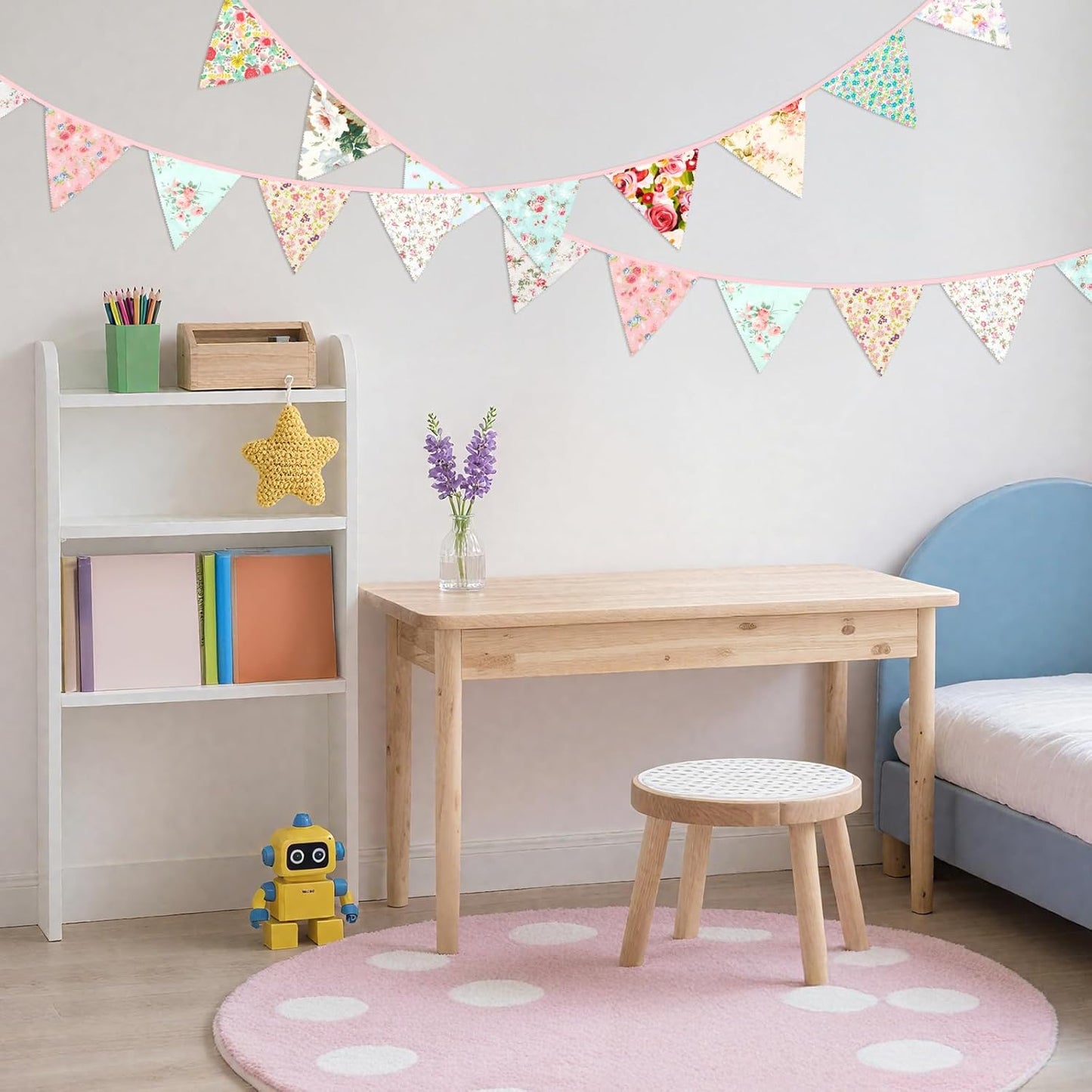 G2PLUS 39Ft Triangle Bunting Banner, 42Pcs Pink Floral Garland Pennant Banner, Reusable Cotton Triangle Flags Party Decoration for Birthday, Wedding, Garden Tea Party, Baby Shower, Room Decor