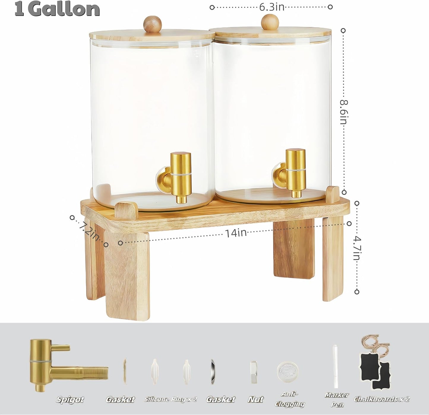 2 Pack Drink Dispenser with Wood Stand, Glass Beverage Dispenser with Spigot and Labels, Glass Water Dispenser for Parties, Lemonade Dispensers for Juice, Tea, and Home Bar Party Drinks (1 Gallon)