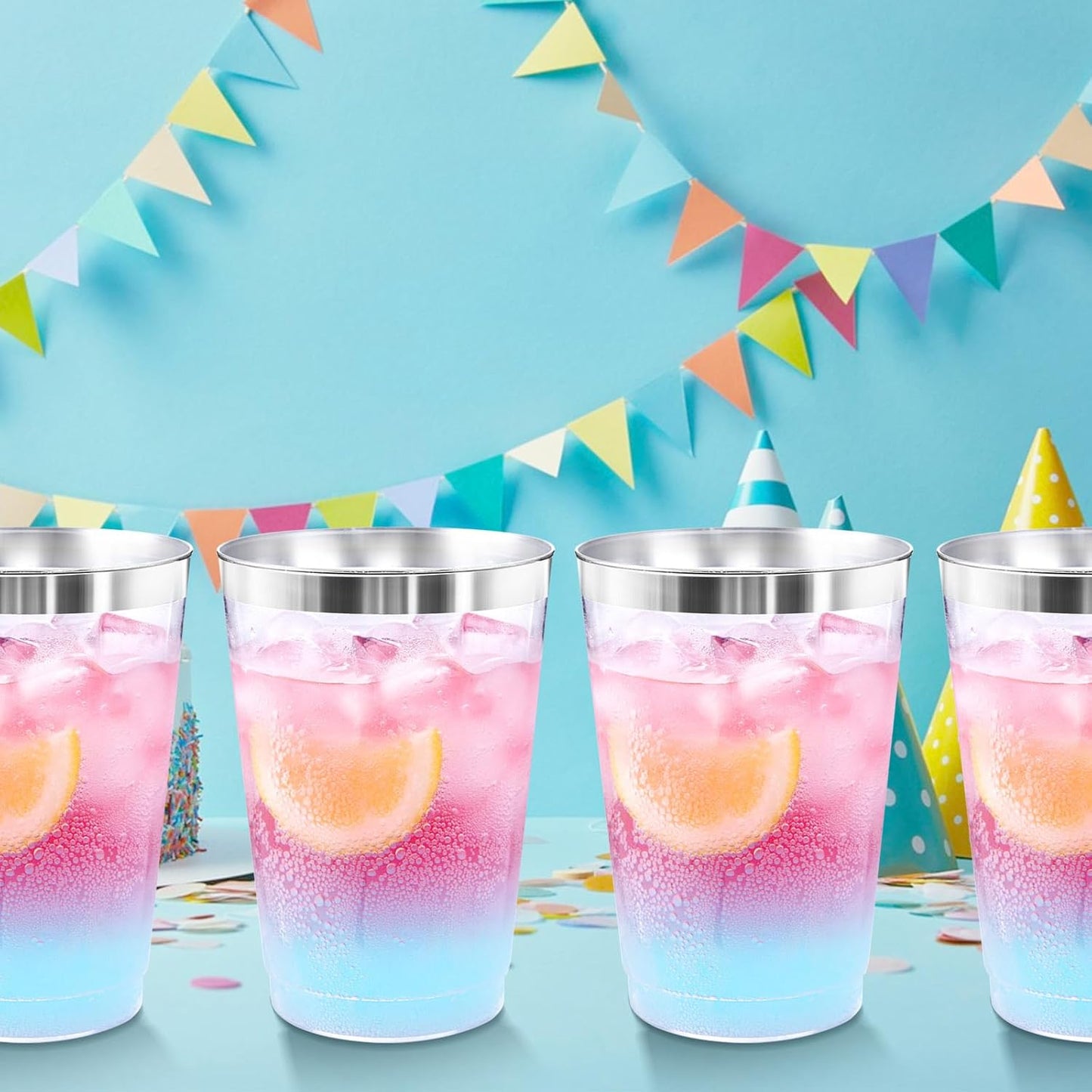supernal 100pcs Gold Plastic Cups 12 oz, Glitter Clear Disposable Cups Heavy Duty, Fancy Plastic Cocktail Tumblers for Wedding, Parties Champagne & Mixed Drinks