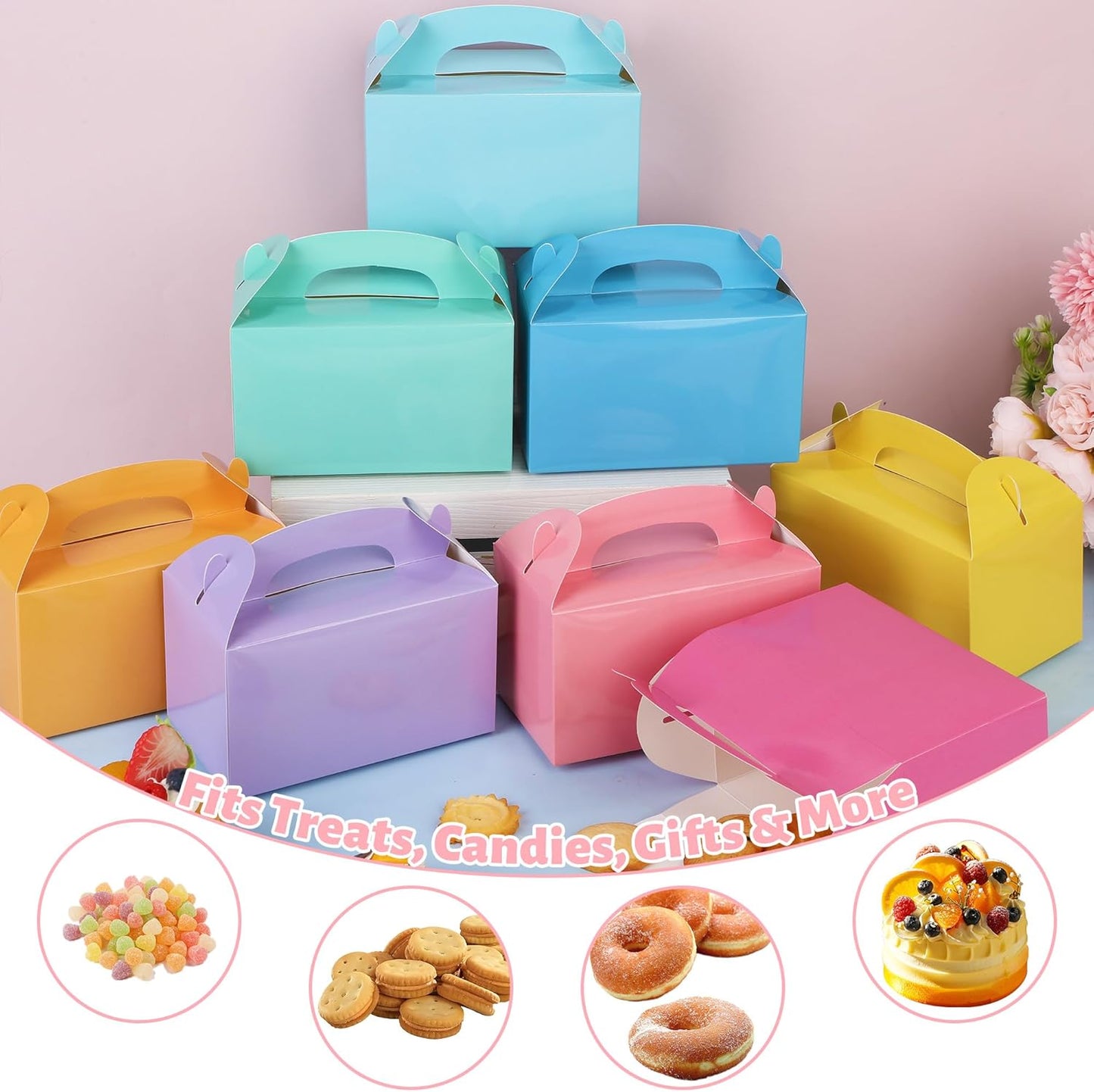 MIMIND 32 Pack Rainbow Party Favor Boxes Gable Treat Boxes with Handles 6 x 3.5 x 3.5 Inches Gift Birthday Goodie Boxes for Cookies Candies for Wedding Baby Shower Party Supplies