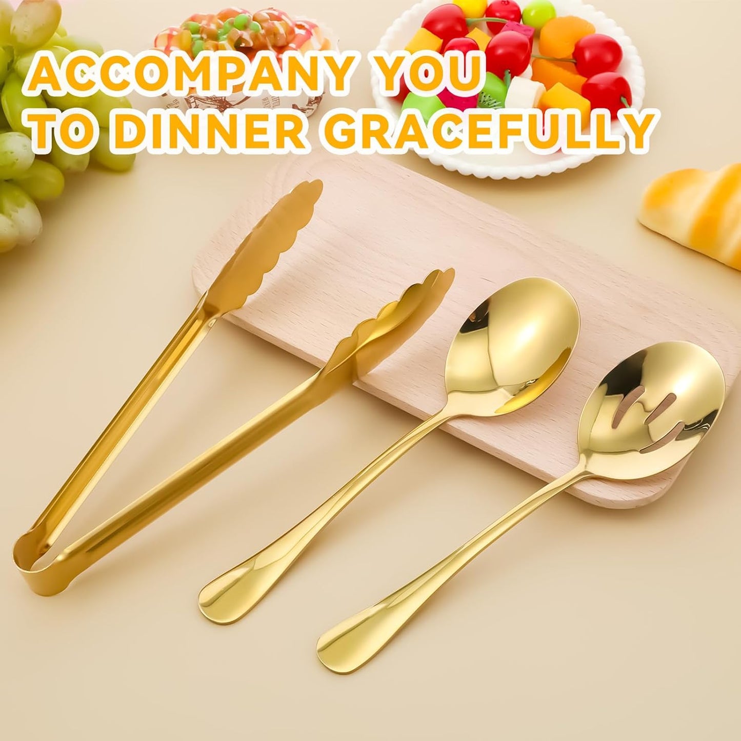 12 PCS Gold Stainless Steel Serving Utensils Sets - Large Serving Spoons,Slotted Spoons,Serving Tongs,Appetizer Tongs,Utensils Sets for Buffet Catering Banquet Party (Gold)