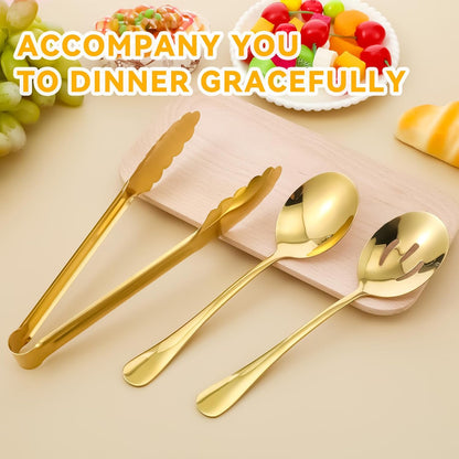 12 PCS Gold Stainless Steel Serving Utensils Sets - Large Serving Spoons,Slotted Spoons,Serving Tongs,Appetizer Tongs,Utensils Sets for Buffet Catering Banquet Party (Gold)