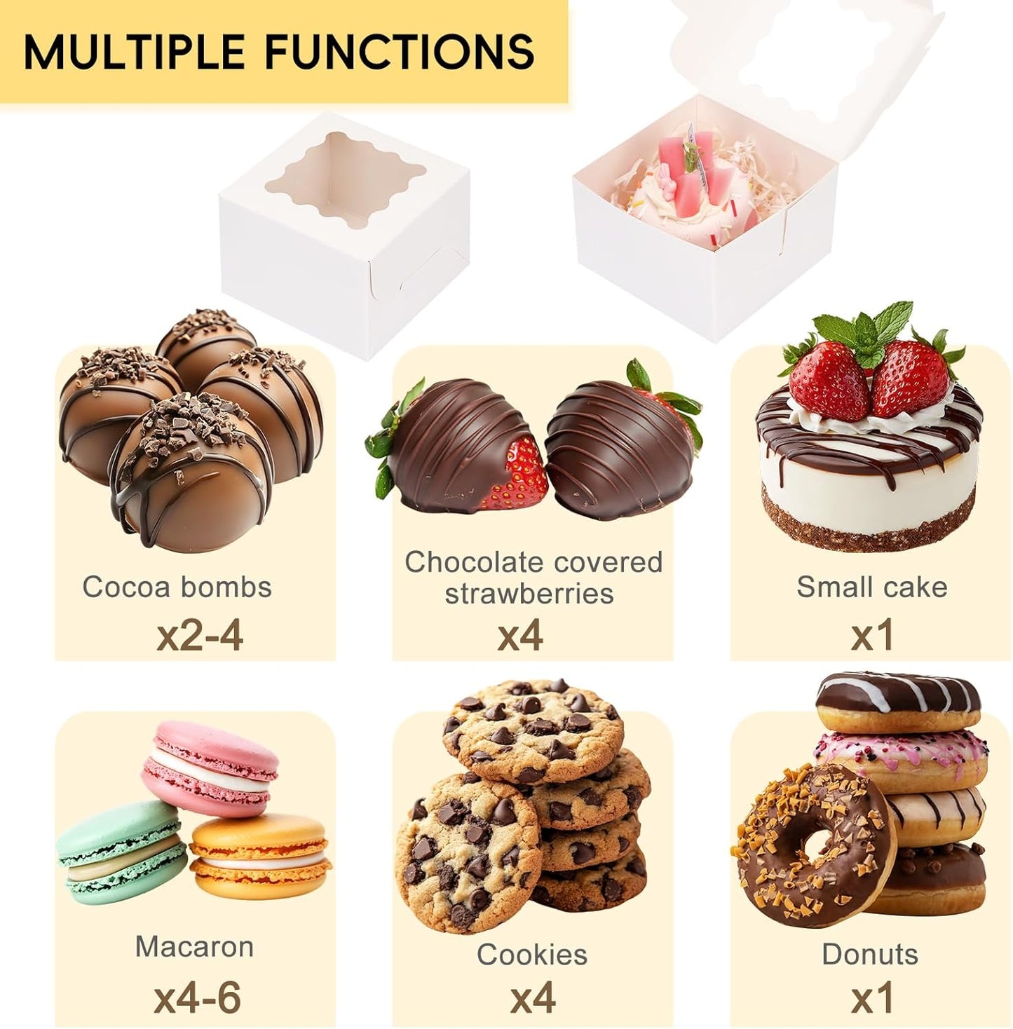 TOMNK 60pcs Cookie Boxes, 8x8x2.5 Inches Bakery Boxes with 2 Style Windows for Chocolate Strawberries, Pie, Pastry, Dessert, Cake, Birthday Party, Mother's Day, Weddings