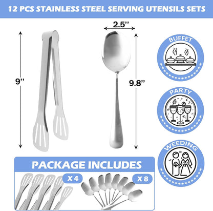 12PCS Stainless Steel Serving Utensils Sets,8 Large Serving Spoons,4 Serving Tongs,Gold Serving Utensills Sets for Buffet Catering Banquet Party (Gold)