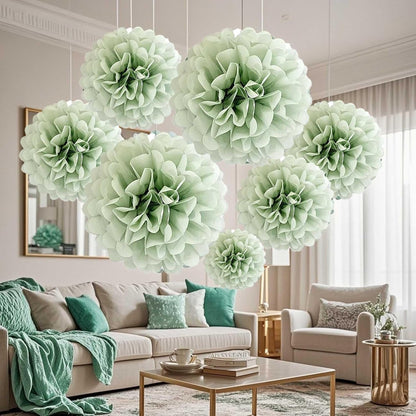 Sage Green Tissue Paper Pom Poms Flowers Balls 12 Pcs are Perfect for Party Celebrations or Any Green-Themed Event Decoration