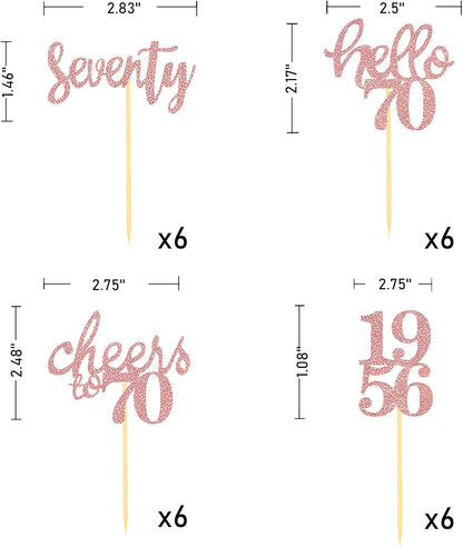 24 Pcs Glitter 70th Birthday Cupcake Toppers for Celebrating 70th Birthday Party Decorations for Seventy Years Old Birthday Party Supplies (Rose Gold2)