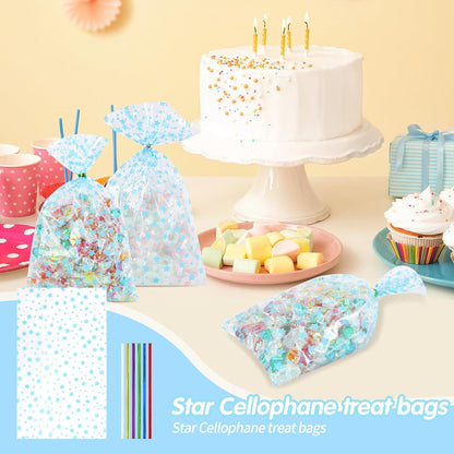 100 Pcs Star Printed 5"X 7" Gift Wrap Cello Cellophane Treat Bags Party Favor bags Clear Candy Cookie Bag Plastic Poly Goodie Storage Bag with Twist Ties for Bakery,Birthday, Wedding ,Party Decorations (Gold)
