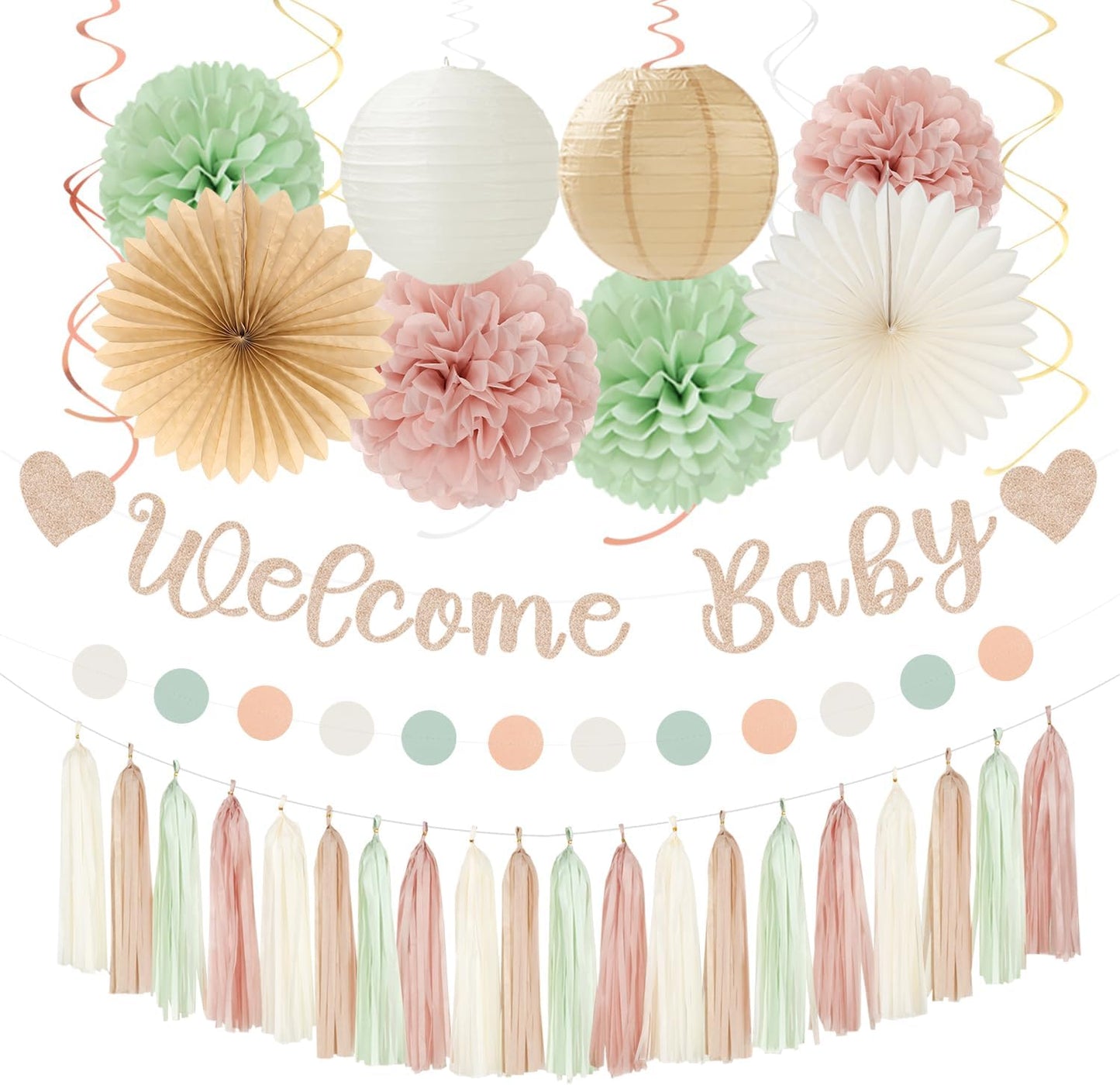 Champagne-Gold Beige Fall Baby-Shower Party-Decorations - 36pcs Welcome Home Banner Sign,Neutral Paper Lanterns,Girl Streamers Garland,Boho Hanging Tissue Pom Poms Flowers Fans Backdrop Decor Burgleda