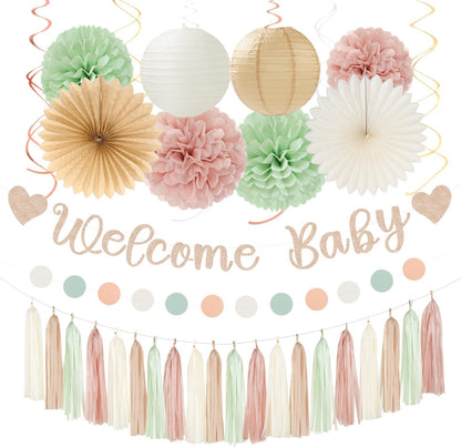 Champagne-Gold Beige Fall Baby-Shower Party-Decorations - 36pcs Welcome Home Banner Sign,Neutral Paper Lanterns,Girl Streamers Garland,Boho Hanging Tissue Pom Poms Flowers Fans Backdrop Decor Burgleda