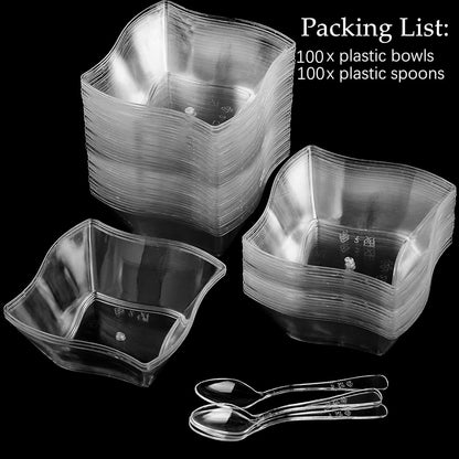 TOFLEN 100ct 5 oz Small Plastic Dessert Cups with Spoons, Clear Appetizer Cups for Parties Mini Serving Bowls, Hors D'oeuvres Plates