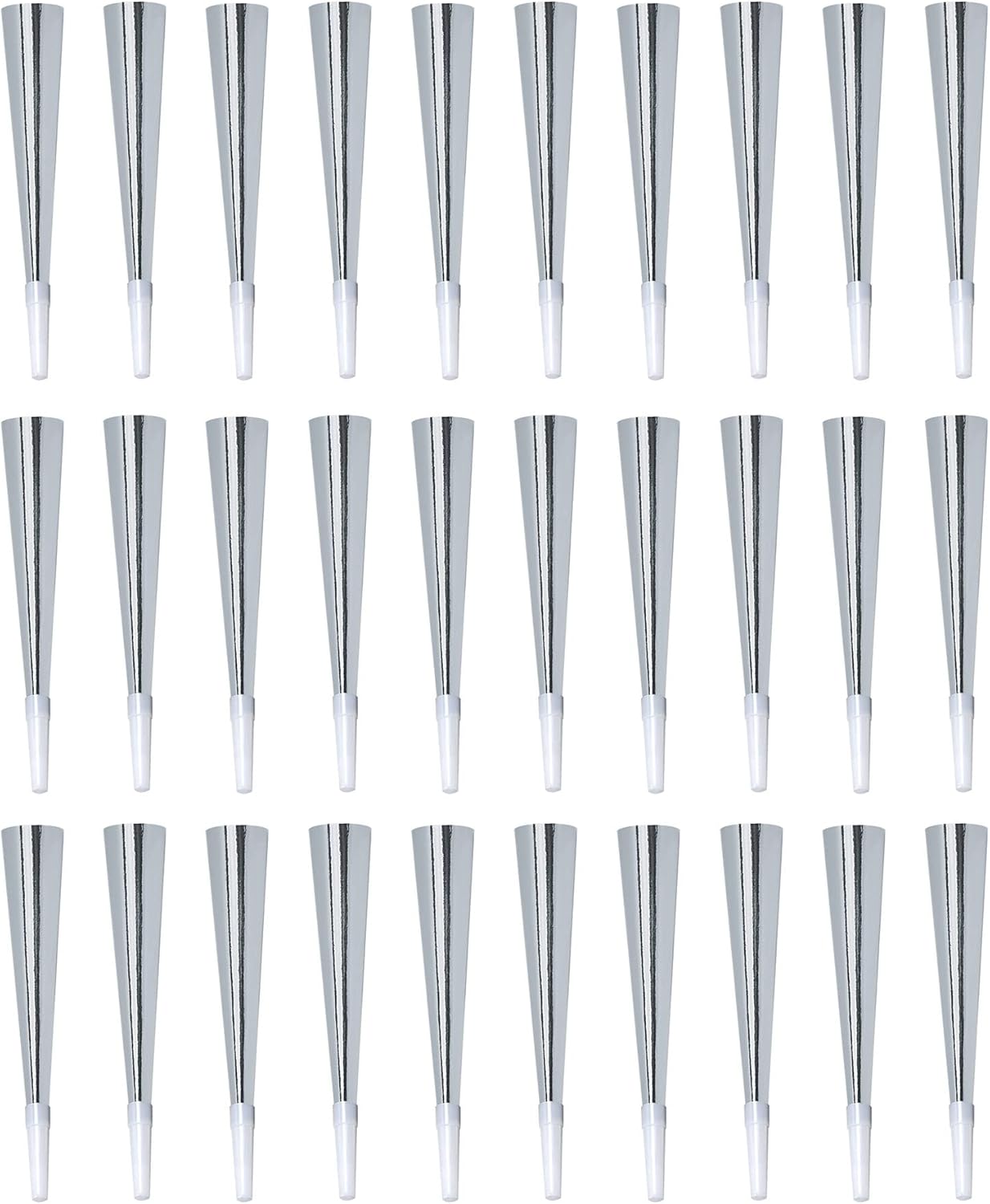 Beistle Silver Foil Horns – 30 Pack, Metallic Noisemakers with Black Mouthpieces for New Year’s Eve, Weddings, Graduations, Anniversaries, Birthday Parties, Corporate Events and Loud Celebrations, 9”