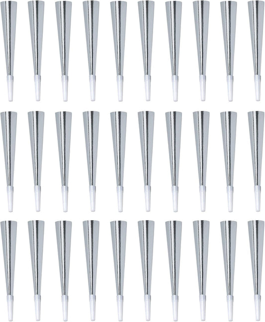 Beistle Silver Foil Horns – 30 Pack, Metallic Noisemakers with Black Mouthpieces for New Year’s Eve, Weddings, Graduations, Anniversaries, Birthday Parties, Corporate Events and Loud Celebrations, 9”