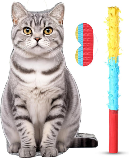 Sotiff Cat Piñata, Cat Party Piñata Game Set, Kitten Theme Piñata Pet Birthday Decoration with Bat Stick Blindfold Mask for Kitten Theme Pet Birthday Party Piñata Decoration Supplies(Orange)