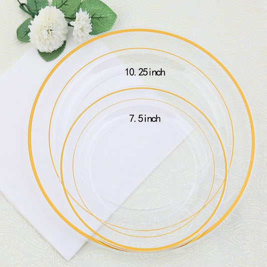 I00000 102 Pieces Gold Plastic Plates, Disposable Party Plates White Gold Rim, 51 Disposable Gold Dinner Plates 10.25 Inch and 51 Disposable Dessert Appetizer Elegant Fancy Wedding Plates 7.5 Inch