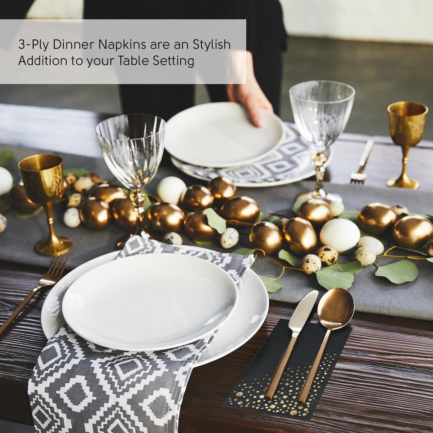 Stylish Gold Dinner Napkins, 100 White and Gold Napkins, Disposable Party Napkins, 7.5x4.25 Inch Wedding Napkins for Reception, 3-Ply Dinner Napkins, Disposable Napkins for Party, Gold Paper Napkins